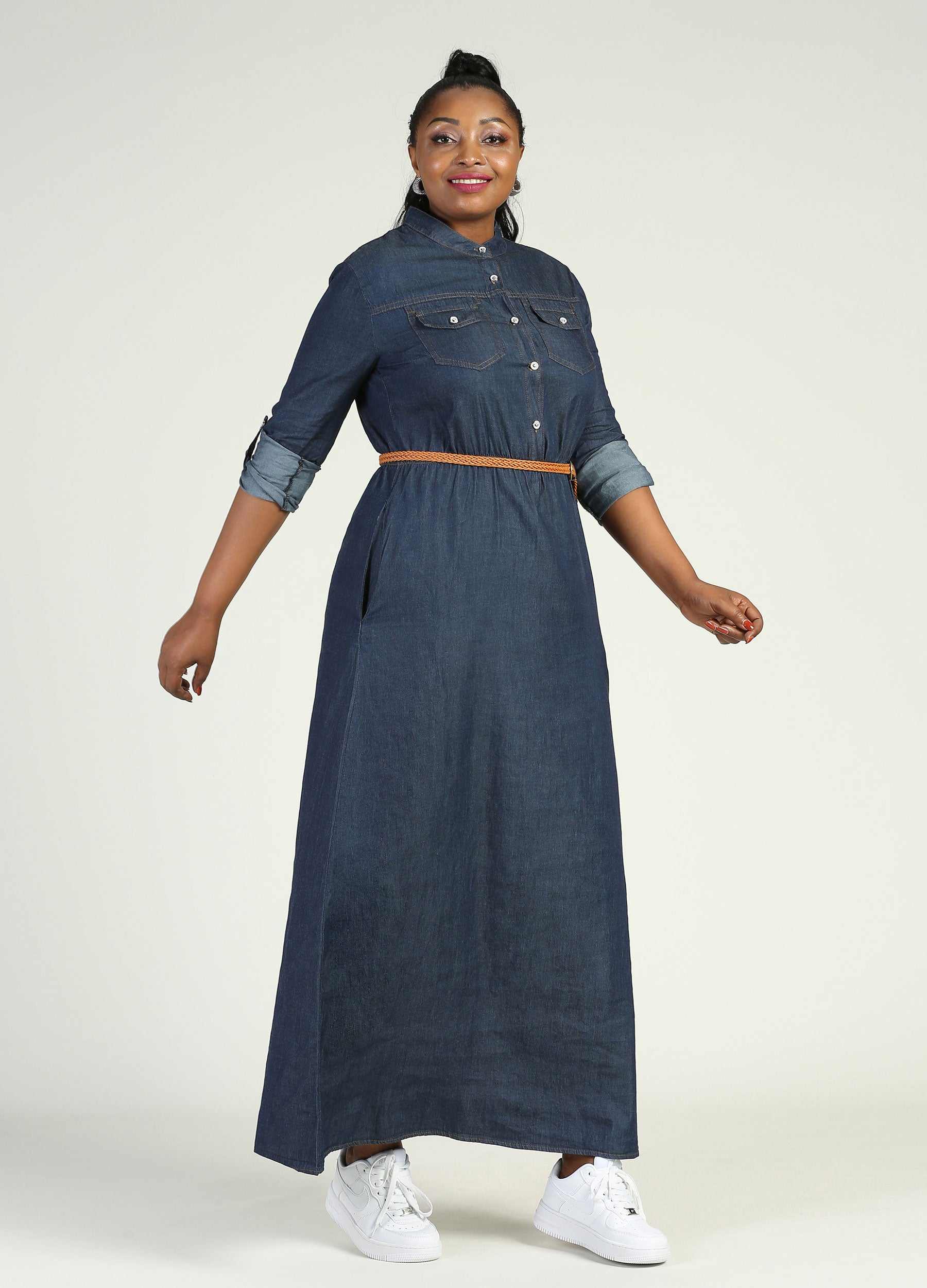 Buy Online|Spykar Women Mid Blue Cotton Regular Fit Classic Collar Knee Length  Denim Dress